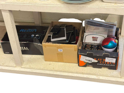 Collection of trade cards, Wii game system, Apple products, diecast toy...