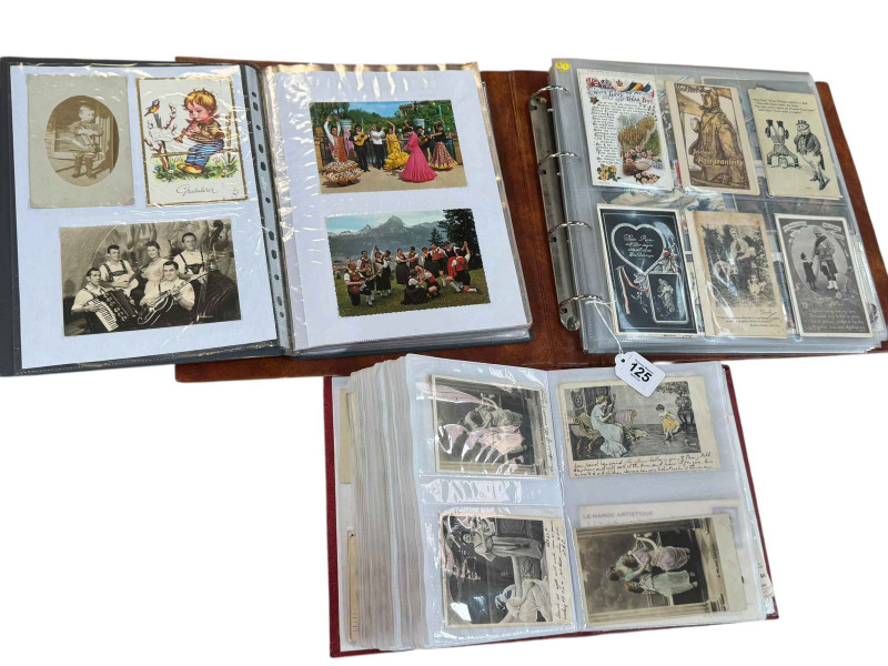 Collection of postcards albums including military (comic, patriotic, artist signed, hands across the sea, allied flags, humorous), together with musical interest albums including bands, real photographic, instruments, etc.