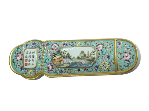 Chinese Famille Rose porcelain paperweight decorated with landscape panel,...