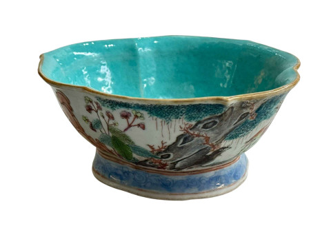 Chinese turquoise bowl decorated with continuous landscape and mythical...
