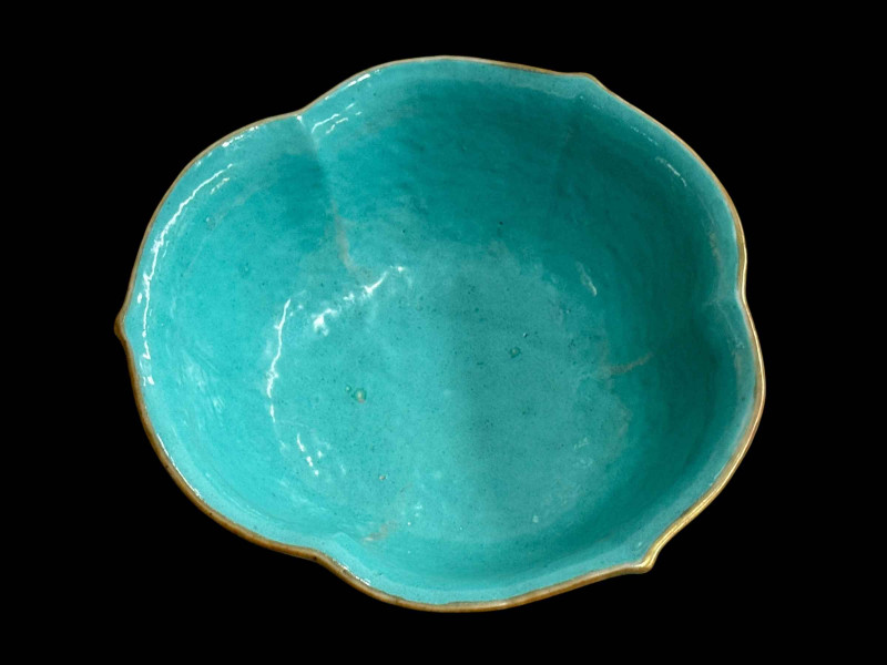 Chinese turquoise bowl decorated with continuous landscape and mythical birds, 17cm diameter.