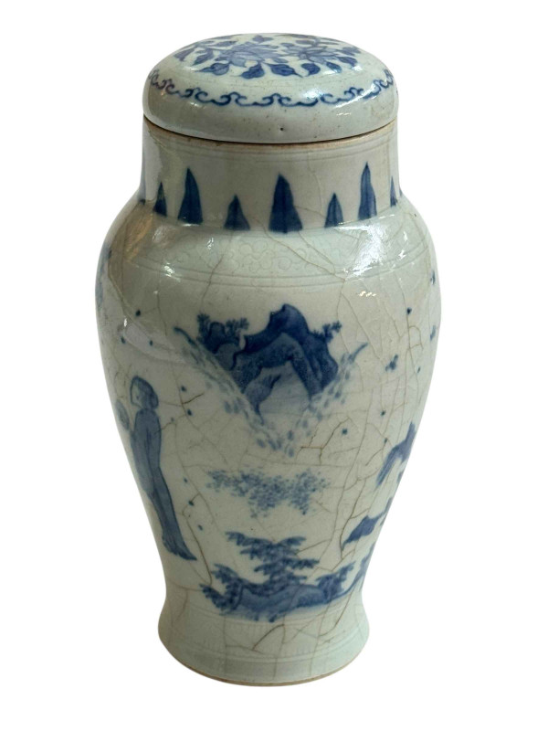 Chinese pottery lidded vase decorated with figures in landscape, 18cm.