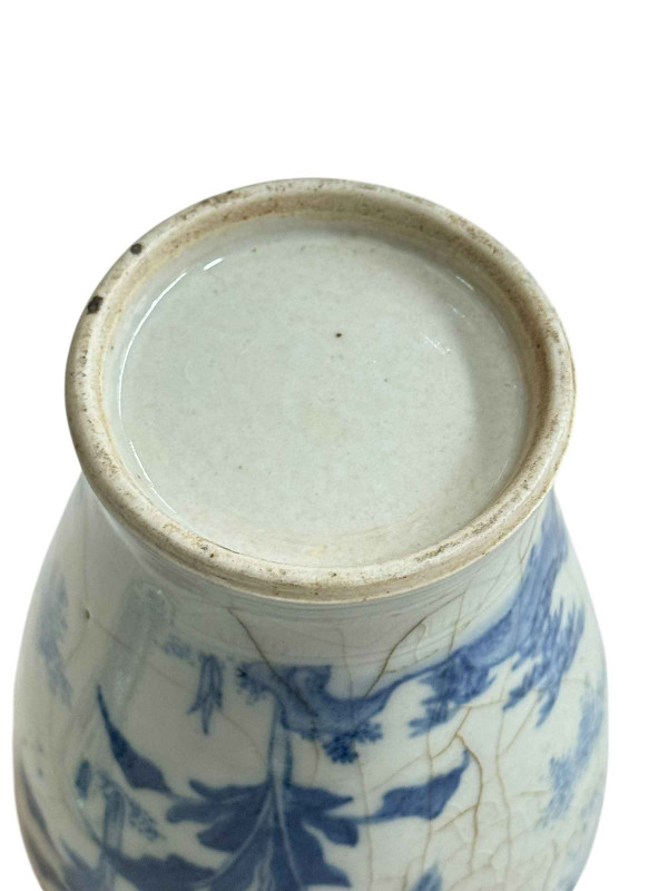 Chinese pottery lidded vase decorated with figures in landscape, 18cm.