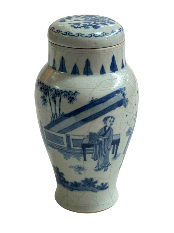 Chinese pottery lidded vase decorated with figures in landscape, 18cm.