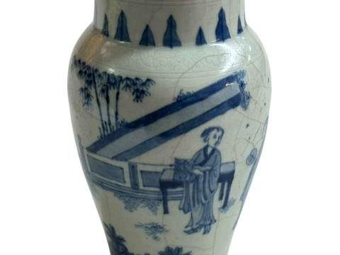 Chinese pottery lidded vase decorated with figures in landscape, 18cm.