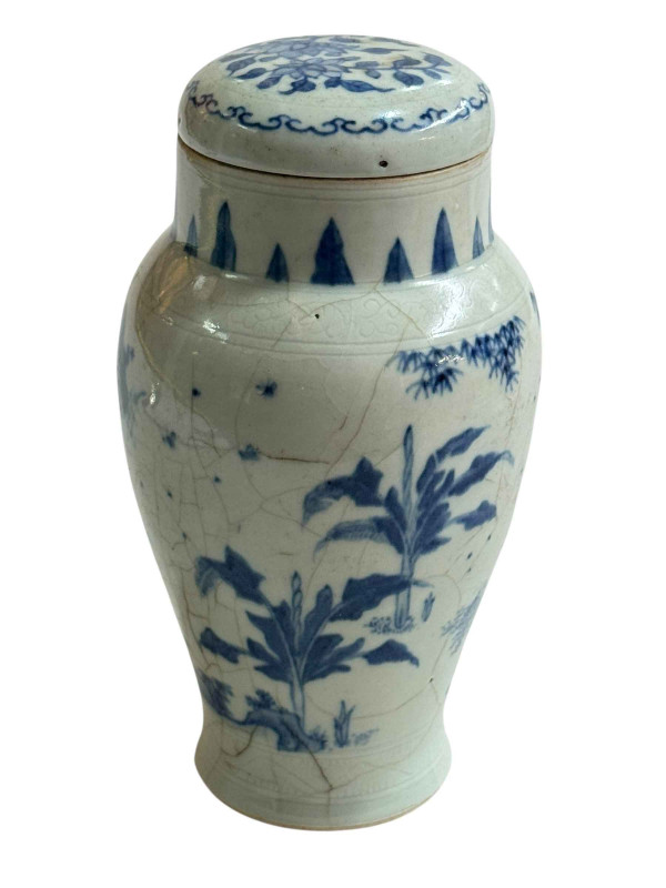 Chinese pottery lidded vase decorated with figures in landscape, 18cm.