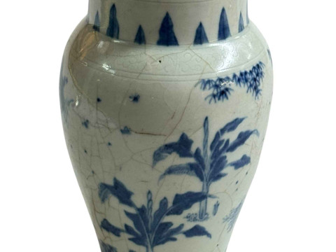 Chinese pottery lidded vase decorated with figures in landscape, 18cm. thumbnail