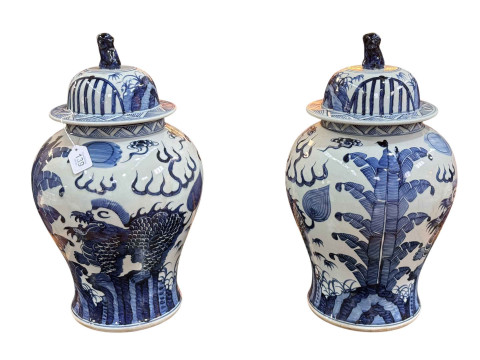 Pair of large Chinese blue and white lidded ovoid jars and covers decorated...