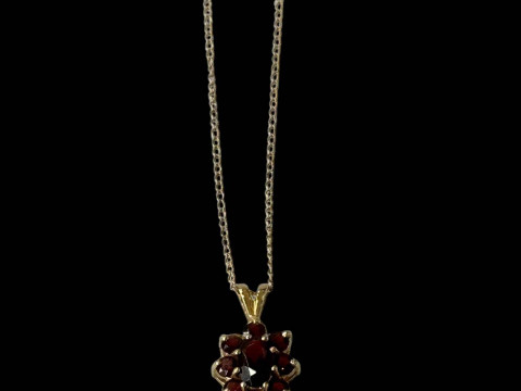 14k gold chain necklace with garnet set gold pendant.
