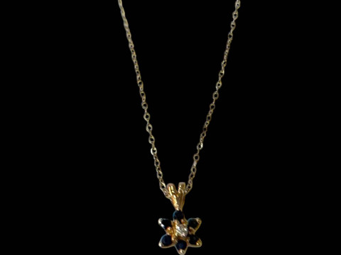 Sapphire and diamond pendant with gold chain.