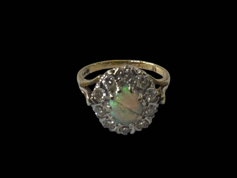 Opal and diamond 18 carat gold cluster ring, size K (opal damaged).
