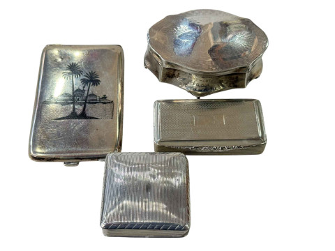 Four small boxes including silver ring box and card case.