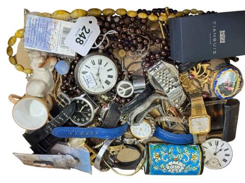 Box of collectables including gents silver watch.