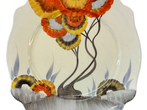 Clarice Cliff Rhodanthe pattern Leda shape plate, 22.5cm across.