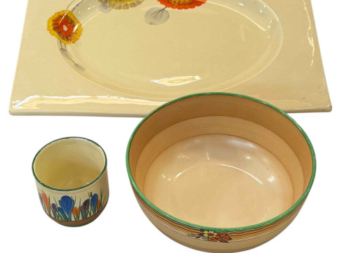 Large Clarice Cliff Biarritz shape plate, Holborn fruit bowl and Crocus...