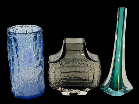 Whitefriars pewter TV vase by Baxter, 17cm, and two other vases (3).