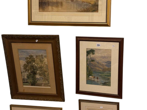 Collection of five framed watercolours including WH Goose, River Scene,...