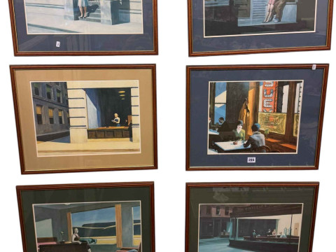 Edward Hopper, set of six framed coloured prints with related posterbook,...