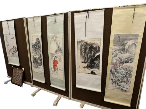 Five Chinese painted scrolls and framed Chinese fabric (6).