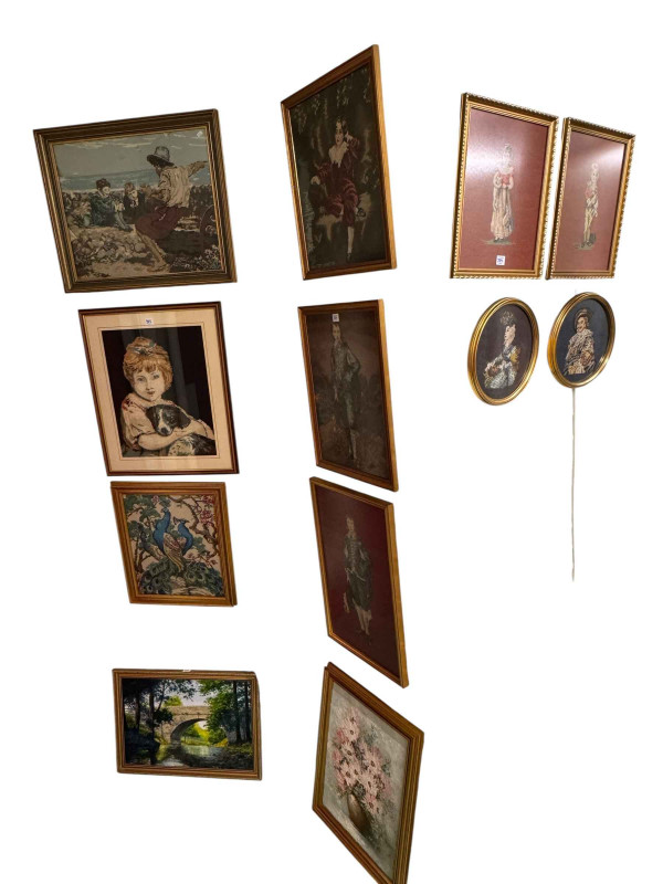 Collection of eighteen framed needleworks and two framed paintings.