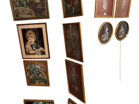 Collection of eighteen framed needleworks and two framed paintings. thumbnail