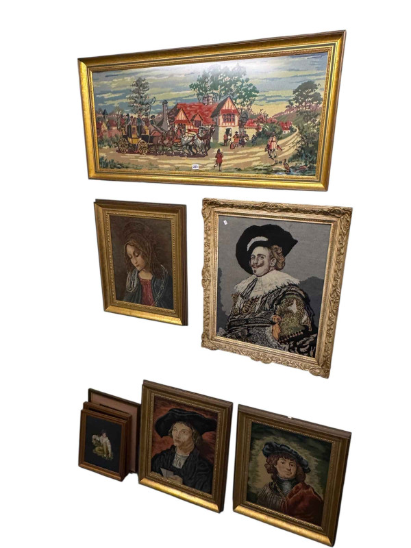 Collection of eighteen framed needleworks and two framed paintings.