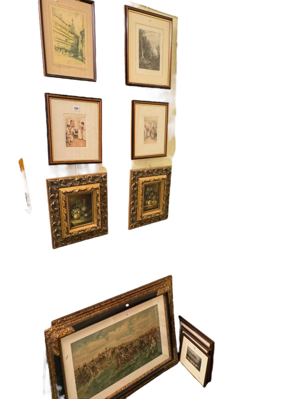 Pair coloured military prints, seven various prints and pair modern Still Life (11).