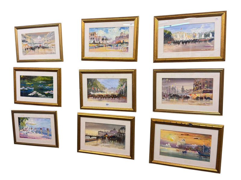 R L Valente, set of nine framed original artworks, all with COA's, 31cm by 46cm, including frames.