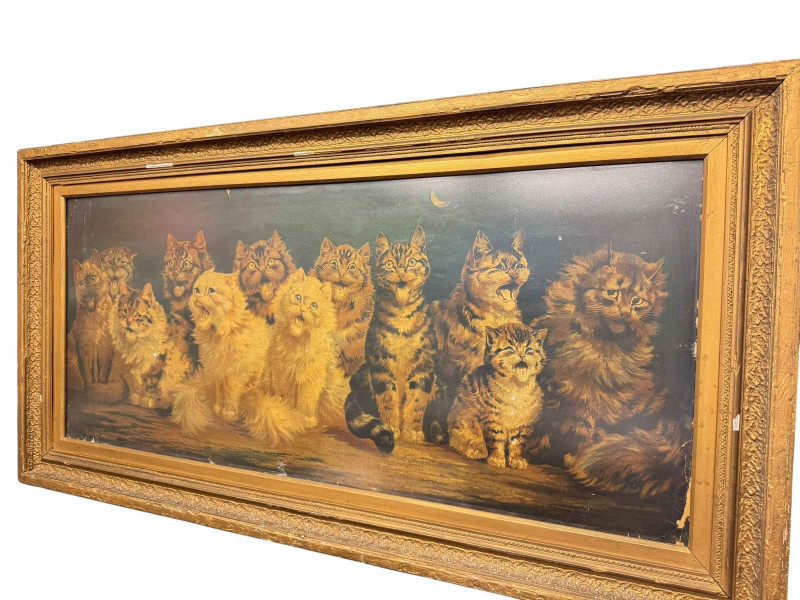 After Louis Wain, Laughing Cats, gilt framed print, 59cm by 115cm, including frame.