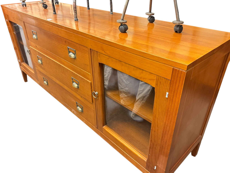 Nine piece dining suite comprising three drawer sliding glazed door bookcase, three drawer sideboard, rectangular extending dining table and six dining chairs.