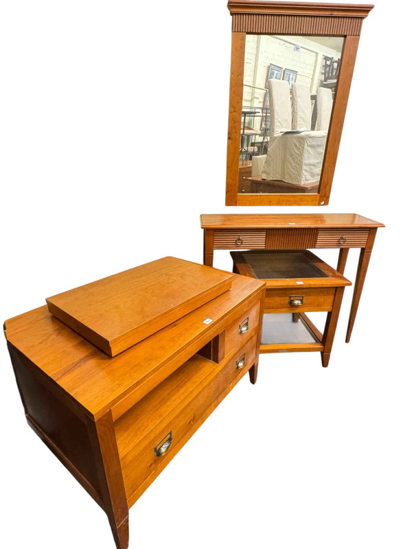 Inset glazed top coffee table, single drawer lamp table, entertainment stand, console table and mirror (5).