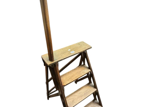 Vintage library steps, three industrial style circular tables and two metal wall racks (6). thumbnail
