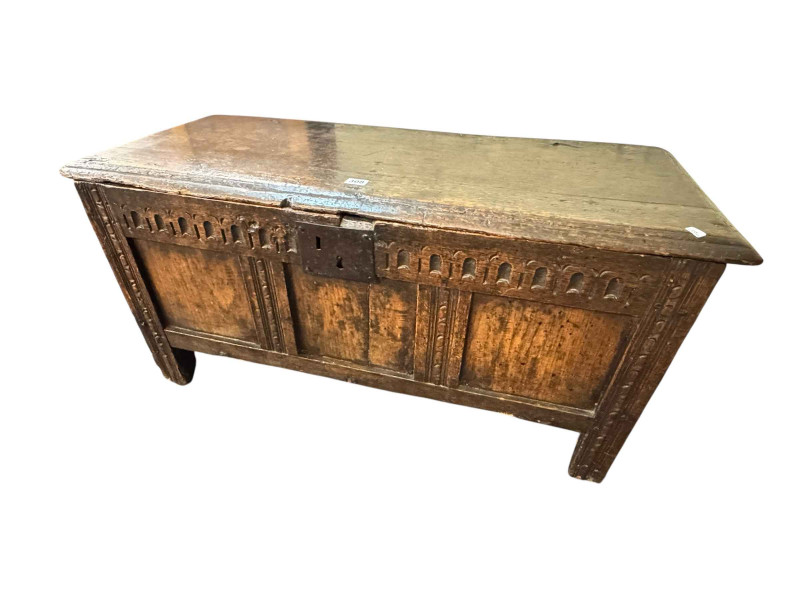 Antique oak triple panel front coffer, 50cm by 98cm by 41cm and pair Gothic style rectangular wall mirrors (3).