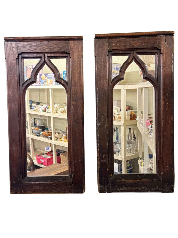 Antique oak triple panel front coffer, 50cm by 98cm by 41cm and pair Gothic style rectangular wall mirrors (3).