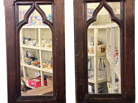 Antique oak triple panel front coffer, 50cm by 98cm by 41cm and pair Gothic style rectangular wall mirrors (3). thumbnail