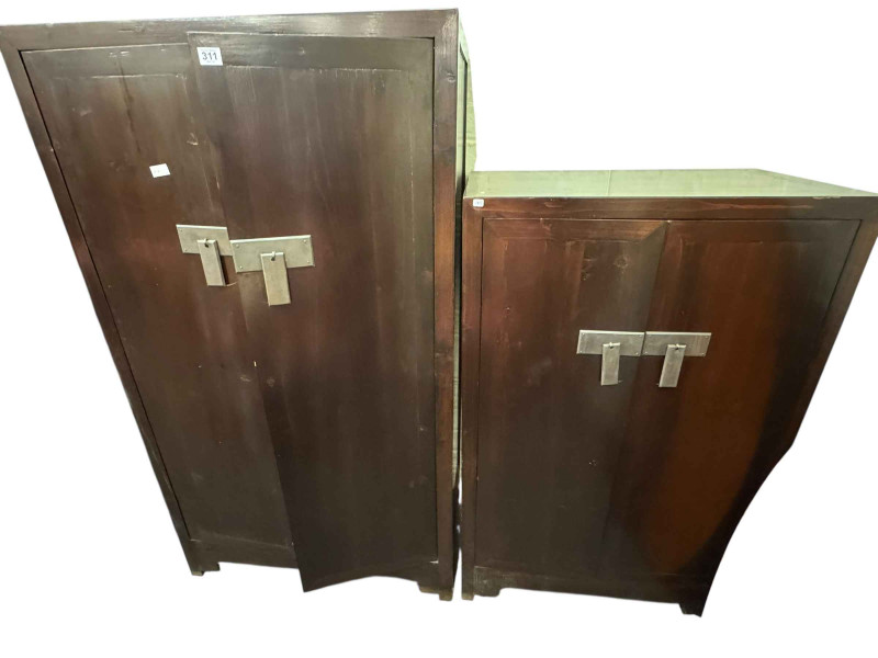 Two Oriental style double door linen cupboards, both fitted with fixed shelves, largest 150cm by 85cm by 45cm, and two black free standing open shelf units, 180cm by 85cm by 38cm.