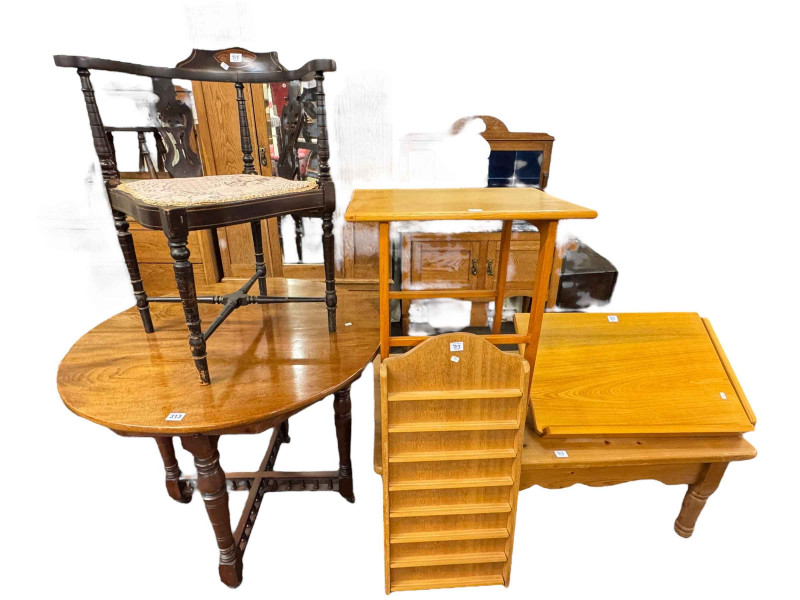 Circular oak table, Edwardian corner chair, pine coffee table, golden oak occasional table, easel and wall rack (6).