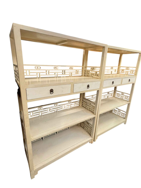 Pair elm two tone painted four tier, two drawer free standing shelf units, 150.5cm by 99.5cm by 40cm, along with pair hardwood and wrought iron based low tables, 45cm by 110cm by 61cm.