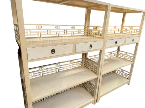 Pair elm two tone painted four tier, two drawer free standing shelf units,...