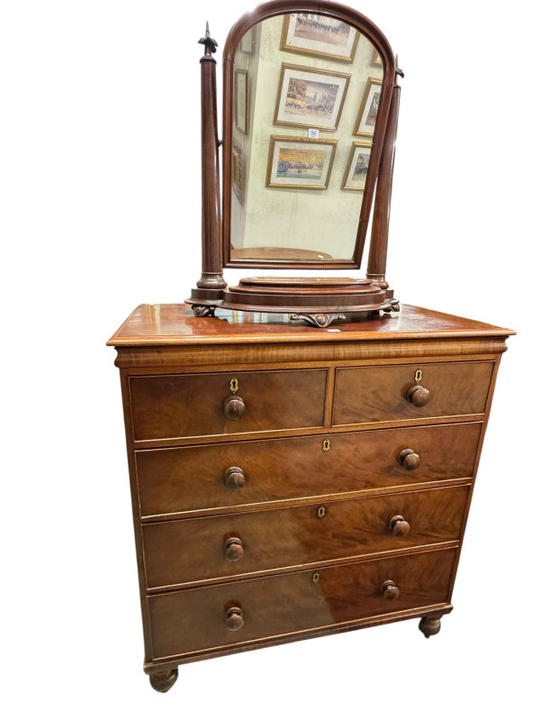 Victorian mahogany chest of two short above three long drawers, 122cm by 111cm by 54.5cm, together with a Victorian mahogany toilet mirror.