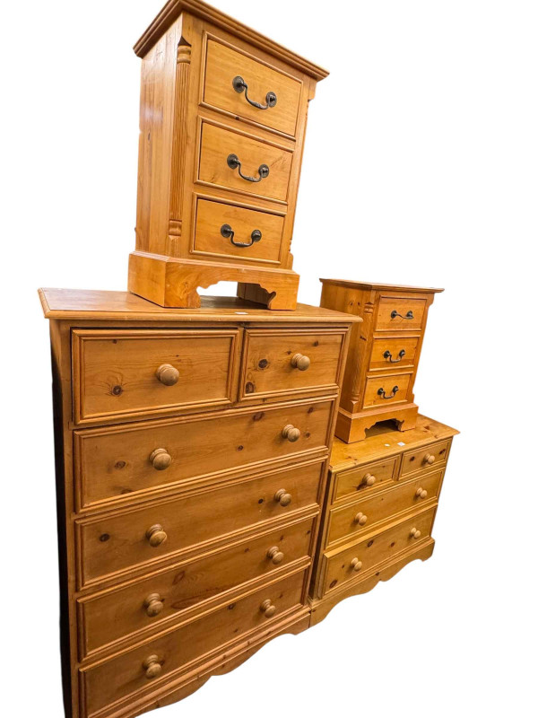 Pine chest of two short above four long drawers, 132cm by 92cm by 45cm, pine chest of two short above two long drawers, 76cm by 86cm by 45cm, and pair three drawer pine pedestal chests, 68cm by 45cm by 33cm (4).