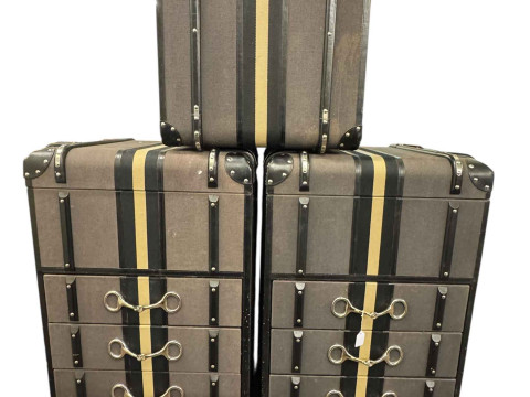 Pair contemporary leather bound lidded five drawer chests, 135cm by 65cm...