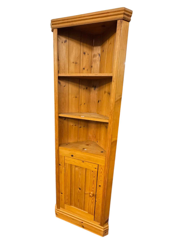 Pine four tier open bookcase, 108cm by 126cm by 24cm and pine open topped standing corner cabinet, 197cm (2).