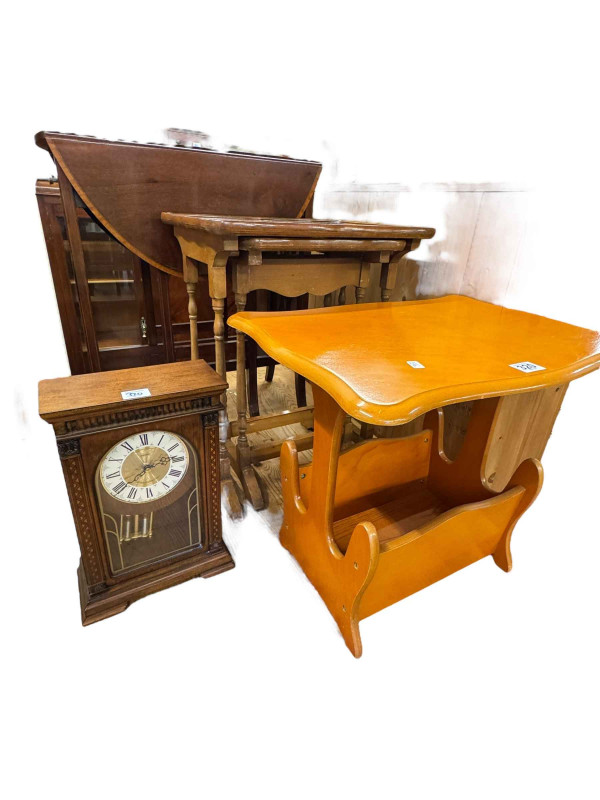 Edwardian mahogany and satinwood banded Sutherland table with frieze drawer, nest of two walnut tables, magazine table and quartz mantel clock (4).