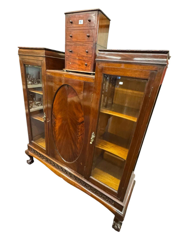 Early 20th Century mahogany three door cabinet bookcase, pine farmhouse kitchen table on turned legs and miniature mahogany four drawer chest (3).