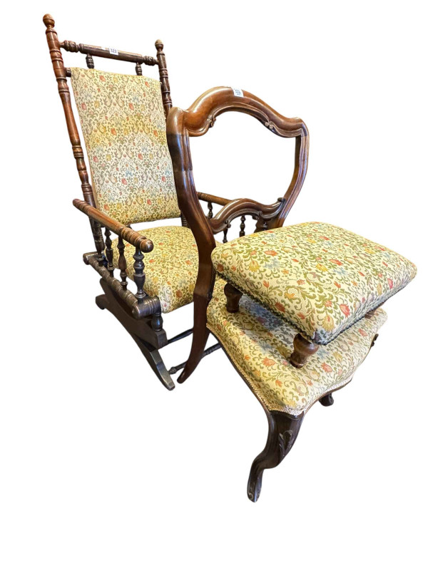 Victorian America rocker, Victorian rosewood parlour chair and later footstool, all in matching fabric (3).