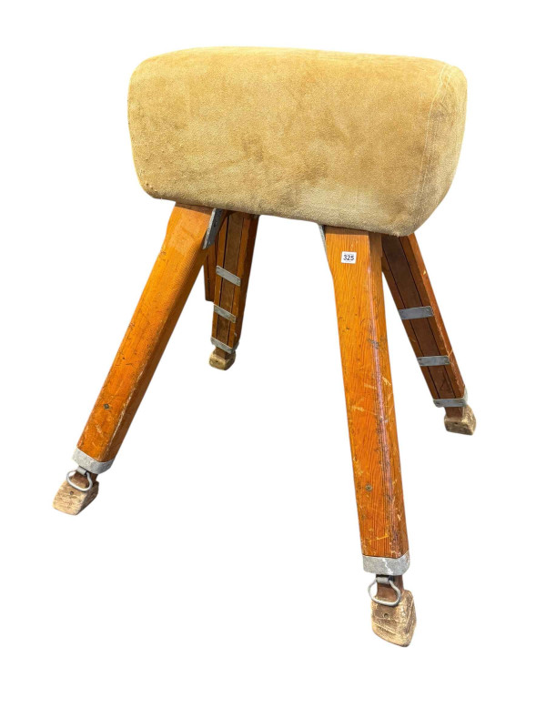 Vintage suede and pitch pine gymnastic pommel horse, 108cm by 96cm by 90cm.