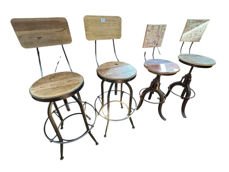 Industrial plank top trestle table, 108cm by 172cm by 61cm, together with four revolving telescopic wood and iron bar stools (2 x 2).