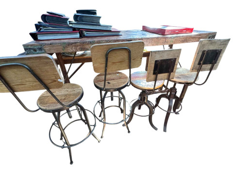Industrial plank top trestle table, 108cm by 172cm by 61cm, together with...