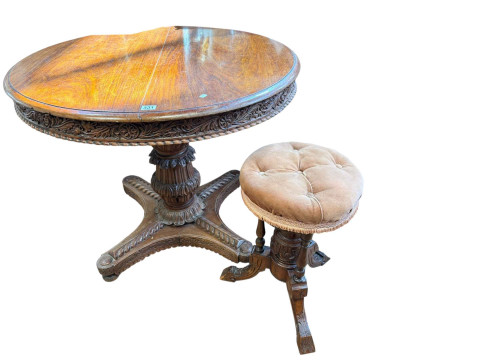 Carved oak single drawer side table, carved circular rosewood pedestal...